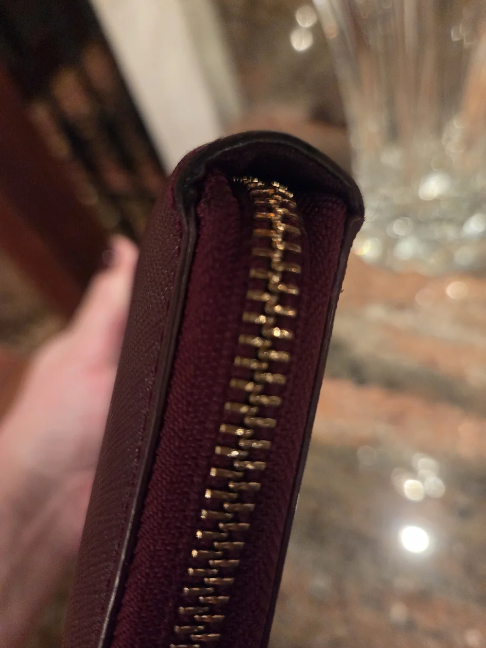 Tory Burch Burgundy Saffiano Leather Wristlet with Gold Chain